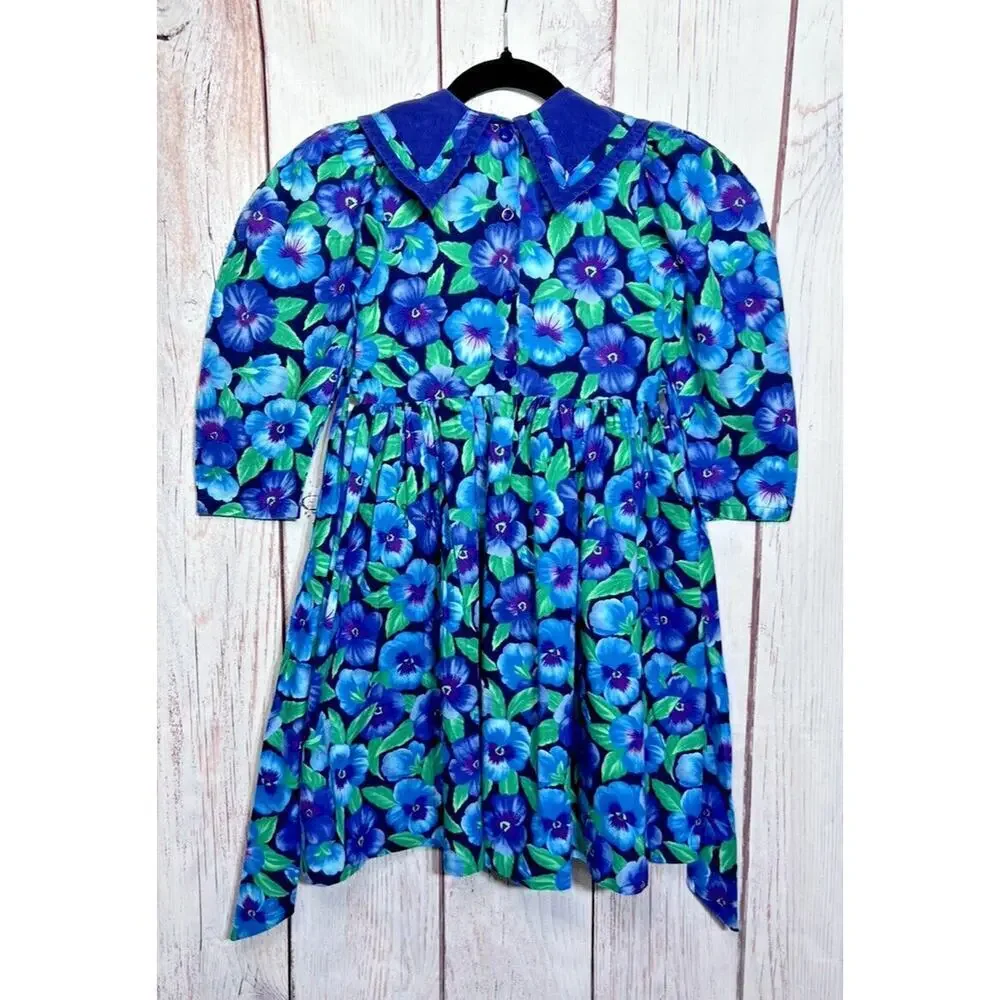 Vintage 80s Girls Dress Floral Pansy Pansies Prairie Cottagecore Blue Size 6X